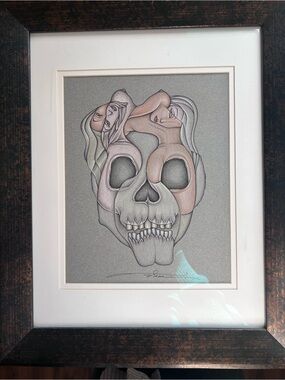 Framed Surreal Skull Art Print in Gray and Pink